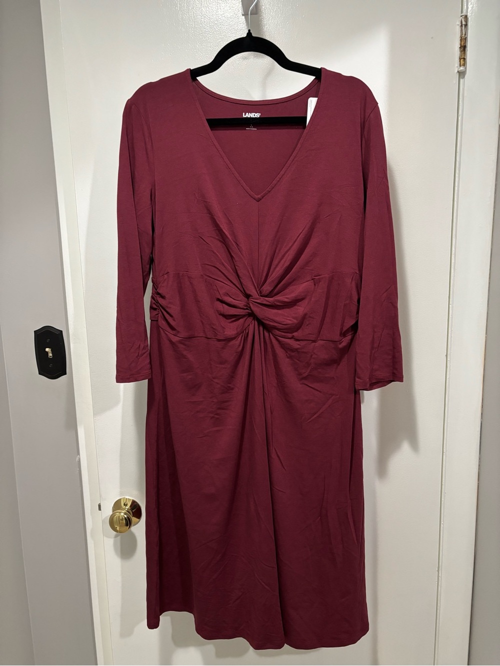 Lands' End Wine Twist-Front V-Neck Long Sleeve Dress Large
